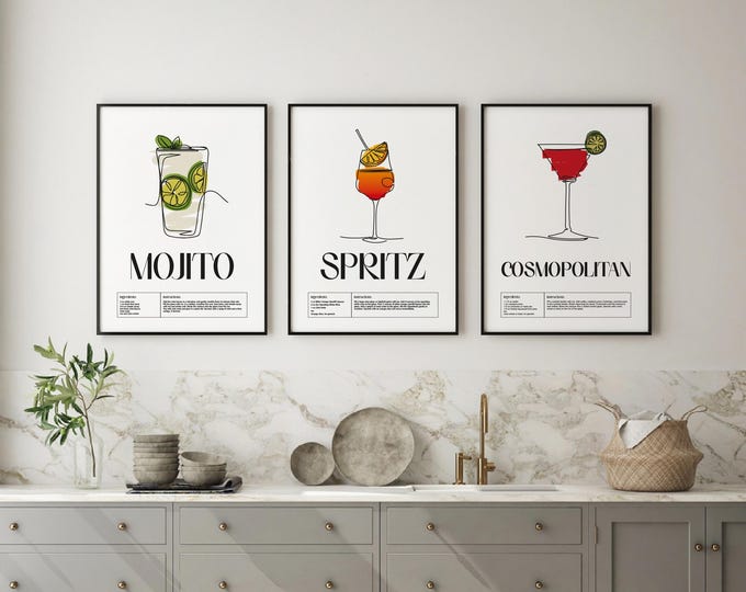 Any 3 Cocktail Prints | Mix and Match | Classic Cocktails Mixology | A4 A3 A2 A1 50x70 | Kitchen Cocktail Recipe Art | Bar Gift | Home Decor