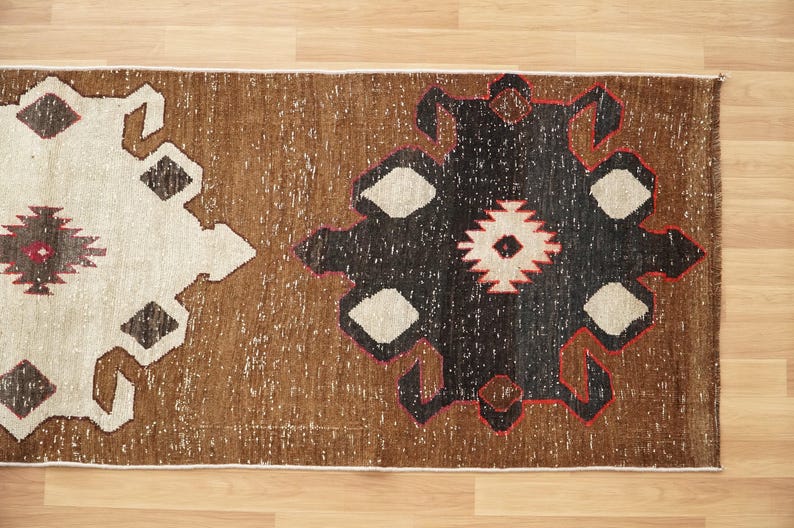 Alfombra para peldaños de escalera, alfombra marrón, alfombra retro, alfombra de estilo rústico, alfombra de cocina, alfombra anudada a mano, alfombra turca vintage, 3,7 x 11,4 pies, alfombra suave, GR 1024 imagen 5