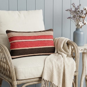 Rust Striped Grain Sack Style Pillow 8x16, Farmhouse Lumbar Pillow Cover R144