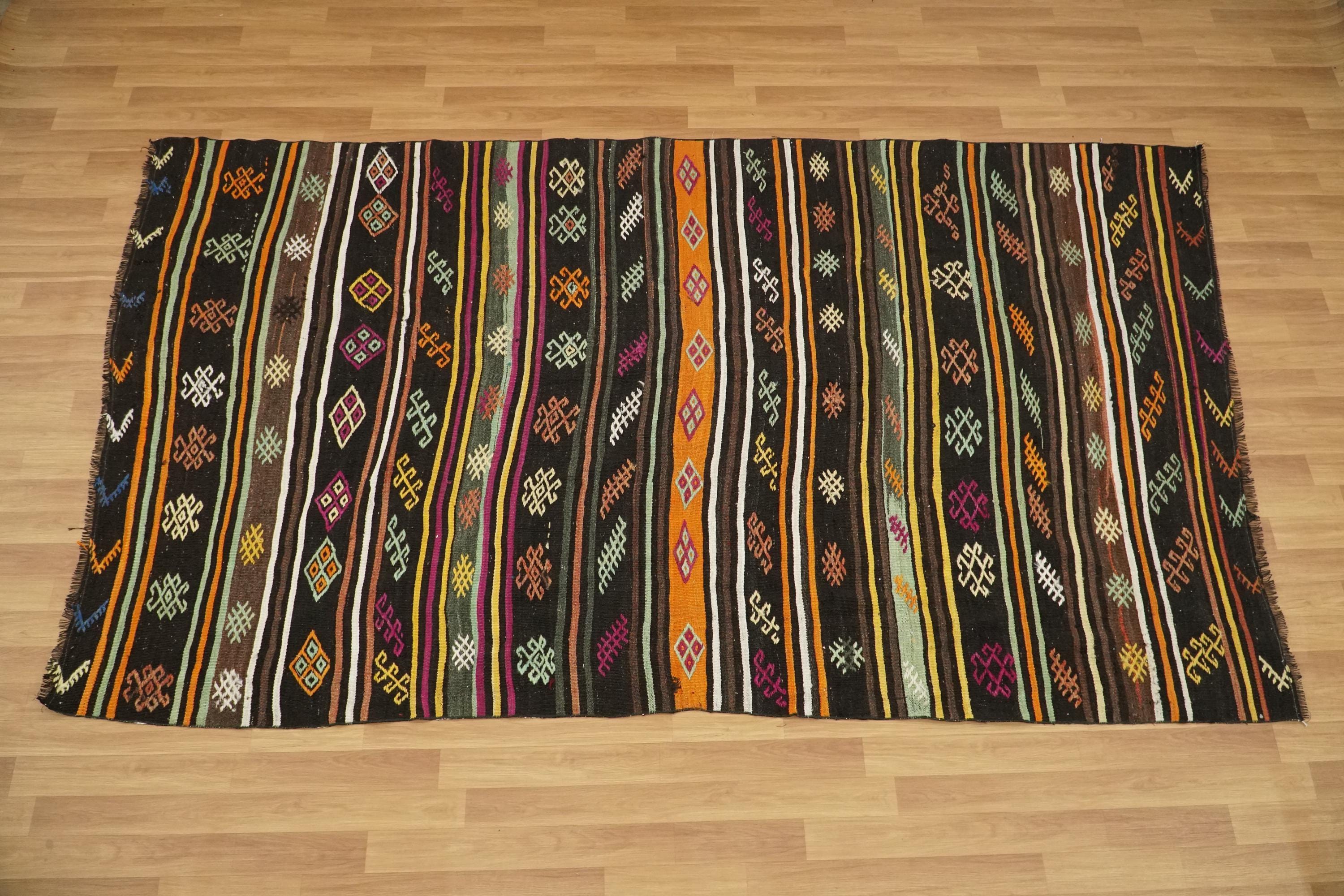 Dark Color Rug, Striped Kilim Rug, Vacuum Cleaning Rug, Vintage