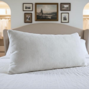 Puede incluir: Una almohada rectangular blanquecina descansa sobre una colcha blanca. La almohada tiene una superficie texturizada y es el punto focal de la imagen. El fondo incluye un cabecero, obras de arte enmarcadas y un vistazo a un armario.