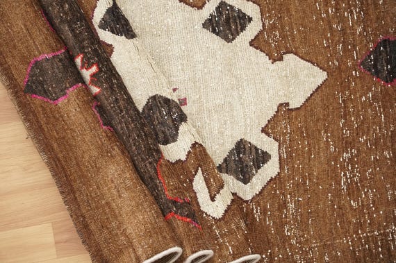 Stair Treads Rug, Brown Rug, Retro Rug, Farmhouse Rug, Kitchen Rug, Handknotted rug, Turkish Vintage Rug, 3.7 x 11.4 ft, Soft Rug, GR 1024