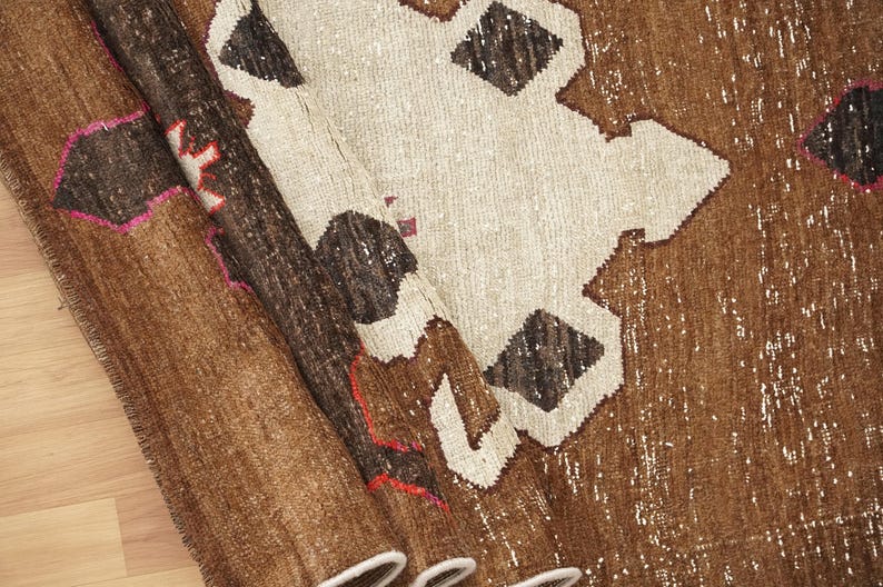 Stair Treads Rug, Brown Rug, Retro Rug, Farmhouse Rug, Kitchen Rug, Handknotted rug, Turkish Vintage Rug, 3.7 x 11.4 ft, Soft Rug,