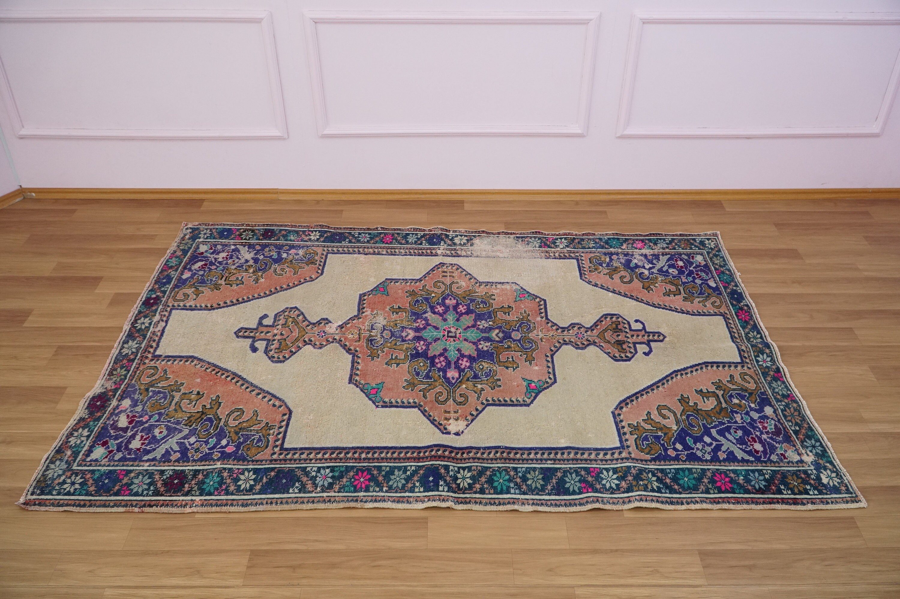 Tapis Usé, Tapis Rose, Vintage, de Zone, Turc, Oushak, Boho, Salon, Chambre à Coucher, 4, 8 X 7, 1 P