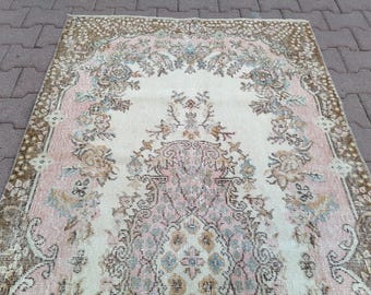 Pink Green Rug, Wool Turkish Rug, Area Rug, Oushak Rug, Medallion Rug, Antique Rug, Worn Rug, Distressed Rug, 3.8 x 6.9 ft, GR 3114