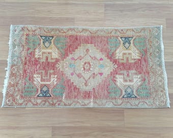 Housewarming Rug, Antique Rug, Multicolor Rug, Turkish Wool Rug, Stair Step Rug, Patio Rug, Vintage Oushak Rug, Bath Rug, 1.7x3.1 ft, GR3699