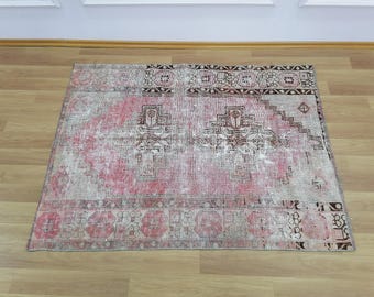 Vintage Oushak Wool Rug, Handmade Turkish Carpet, Boho Kitchen Rug, 3.6 x 4.8 ft
