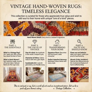 The image is a collage of four images showcasing different vintage hand-woven rugs, each with unique characteristics and designs.