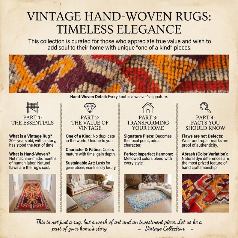 The image is a collage of four images showcasing different vintage hand-woven rugs, each with unique characteristics and designs.