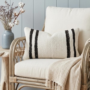 Minimalist Ivory Contrast Kilim Cushion 8x16 | Nubby Woven Sofa Case