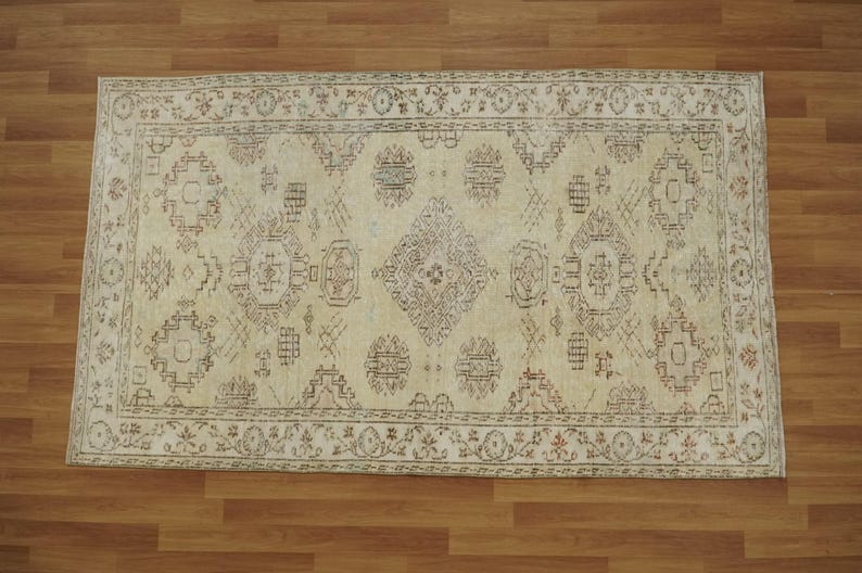 Geometric Design Rug, Vintage Rug, Oushak Rug, Hand Knotted Rug, Faded Rug, Turkish Rug, Pasoral Show Room Carpet, 5.3 x 8.8 feet, GR 2476 image 1