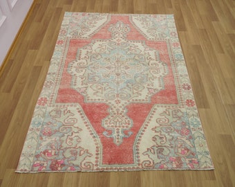 Pink Rug, Faded Rug, Vintage Rug, Bohemian Rug, Turkish Area Rug, Border Rug, Geometric Rug, Wool Rug, Entrance Rug, 4.3 x 6.5 feet GR 2519