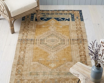 Earth Tone Rug, Sustainable Wool Rug, Retro Rug, Turkish Oushak Rug, Hand Knotted Rug, Entrance Rug, Vintage Rug, 3.7x7.2 Ft, GR 4259
