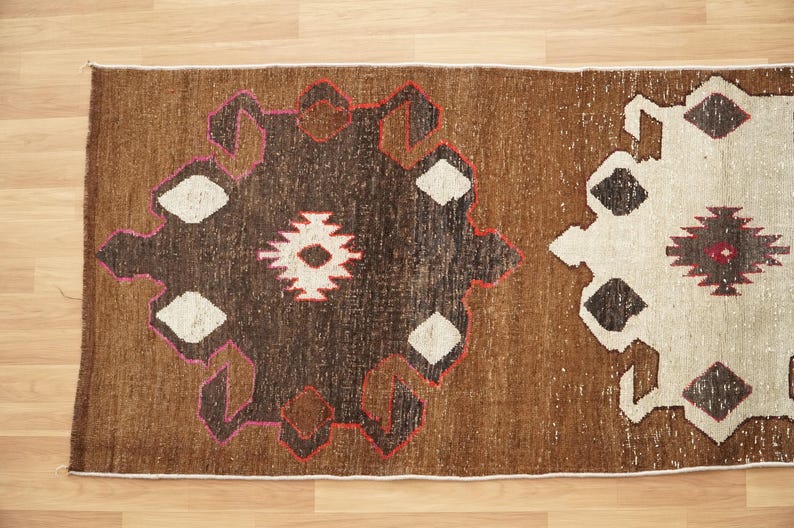 Alfombra para peldaños de escalera, alfombra marrón, alfombra retro, alfombra de estilo rústico, alfombra de cocina, alfombra anudada a mano, alfombra turca vintage, 3,7 x 11,4 pies, alfombra suave, GR 1024 imagen 3