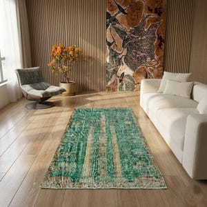 Green Turkish Oushak Rug, Small Vintage Wool Area Carpet, (2.7 x 4 ft), GR 2373