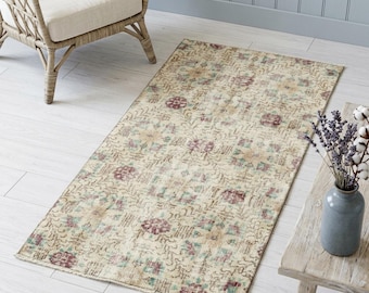 Botanical Rug, Doorway Rug, Organic Wool Rug, Turkish Rug, Nook Rug, Vanity Rug, Vintage Rug, Woolen Rug, Floral Rug, 2.6x5.5 Ft, GR 4242