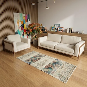 Neutral Blue Patchwork Rug | Distressed Floral Small Carpet 1.4x3 Ft | GR 4543