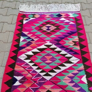 Herki Turkish Rug, Boho Area Rug, Stair Rug, Eclectic Rug, Fringe Rug, Pink Teal Rug, Gothic Rug, Vintage Rug, Runner Mat, 3x10.8 ft GR 3503 image 6