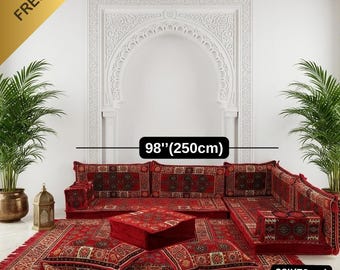 Divano a U Kilim rosso da pavimento / Seduta in stile Majlis arabo
