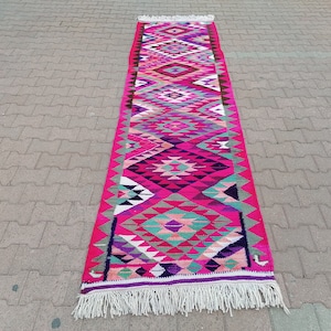 Herki Turkish Rug, Boho Area Rug, Stair Rug, Eclectic Rug, Fringe Rug, Pink Teal Rug, Gothic Rug, Vintage Rug, Runner Mat, 3x10.8 ft GR 3503 image 1