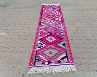 Herki Turkish Rug, Boho Area Rug, Stair Rug, Eclectic Rug, Fringe Rug, Pink Teal Rug, Gothic Rug, Vintage Rug, Runner Mat, 3x10.8 ft GR 3503