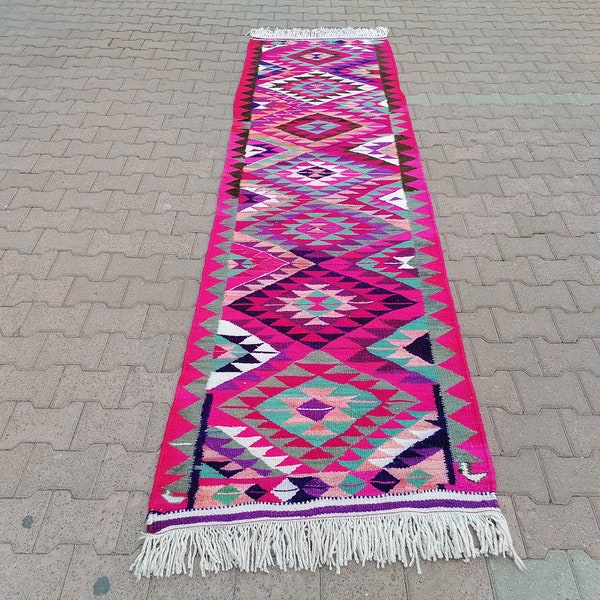 Herki Turkish Rug, Boho Area Rug, Stair Rug, Eclectic Rug, Fringe Rug, Pink Teal Rug, Gothic Rug, Vintage Rug, Runner Mat, 3x10.8 ft GR 3503