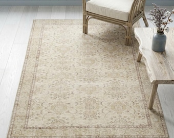 Vintage Turkish Oushak Area Rug 4.6x8.2 Ft, Hand-knotted Distressed Faded Beige Neutral