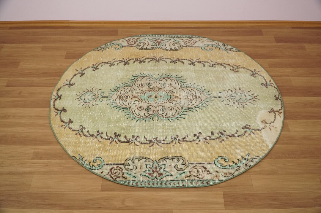 Circle Oushak Rug, Boho Bath Rug, Turkish Rug, Vintage Rug, Round Area