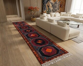 Handwoven Turkish Runner Rug 3.9x17.4 ft | Deep Red Geometric Hallway Accent