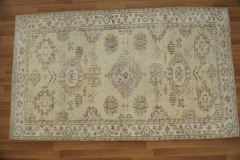 Geometric Design Rug, Vintage Rug, Oushak Rug, Hand Knotted Rug, Faded Rug, Turkish Rug, Pasoral Show Room Carpet, 5.3 x 8.8 feet, GR 2476 image 6