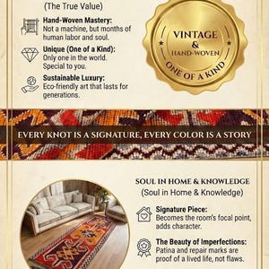 The image is a collage of two photographs, one depicting a hand-woven rug and the other showing a hand-woven tapestry. The collage is titled "VINTAGE COLLECTION: A Legacy That Defies Time" and includes text descriptions of the rug and tapestry, highlighting their unique features and the stories they tell.