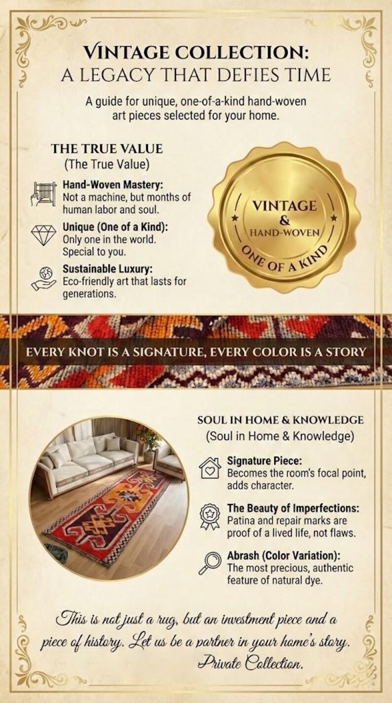 The image is a collage of two photographs, one depicting a hand-woven rug and the other showing a hand-woven tapestry. The collage is titled "VINTAGE COLLECTION: A Legacy That Defies Time" and includes text descriptions of the rug and tapestry, highlighting their unique features and the stories they tell.