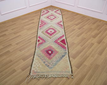 Kilim Rug , Vintage Rug , Turkish Pink Rug , Wool Rug , 2.9 x 11.7 feet , Woven Rug , Hallway Rug , Bohemian Rug , Entry Rug , GR 195
