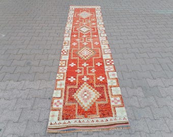 Orange Herki Runner, Aztec Rug, Soft Wool Rug, Vintage Rug, Wedding Rug, Hallway Rug, Used Rug, Tribal Rug, Turkish Rug, 2.8x11.4 ft GR 2976