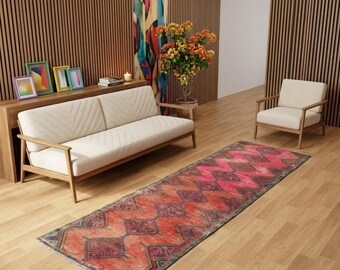 Levendig roze vloerkleed, vintage vloerkleed, vloerkleed geometrisch ontwerp, geweldig vloerkleed, deuropeningsloper, plattelandskleed, gelegenheidskleed, 2,5 x 10,7 ft, GR 4564