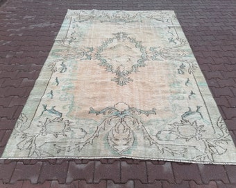 Bloementapijt, armoedig tapijt, Antreroom-tapijt, 6,5 x 9,5 ft, vintage tapijt, oud tapijt, eetkamertapijt, vergaderruimtetapijt, wollen tapijt, tribale tapijt, GR 3449