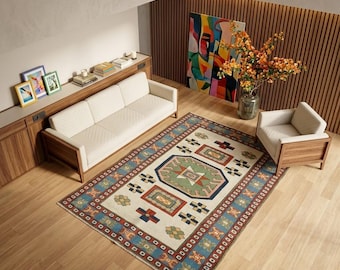 Earth Tone Rug, Rural Rug, Wool Pile Rug, Vintage Oushak Rug, Ethnic Rug, Family Room Rug, Framed Rug, Turkish Rug, 4.2x5.6 Ft, GR 4348