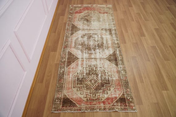 Chocolate Brown Rug, Quality Oushak Area Rug, Aztec Design Rug, Runner Rug, Vintage Rug, Bathroom Floor Rug, 3.2 x 8.5 feet, GR 1235