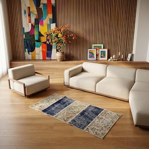 Blue Beige Patchwork Carpet | 1.5x3 Ft Distressed Wool Bathroom Rug | GR 4544