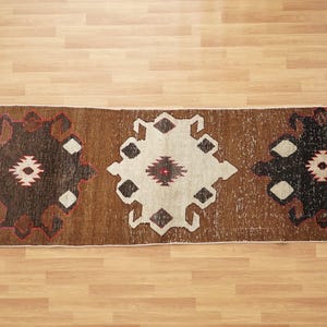 Alfombra para peldaños de escalera, alfombra marrón, alfombra retro, alfombra de estilo rústico, alfombra de cocina, alfombra anudada a mano, alfombra turca vintage, 3,7 x 11,4 pies, alfombra suave, GR 1024 imagen 2