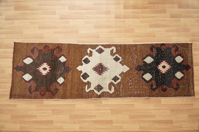 Alfombra para peldaños de escalera, alfombra marrón, alfombra retro, alfombra de estilo rústico, alfombra de cocina, alfombra anudada a mano, alfombra turca vintage, 3,7 x 11,4 pies, alfombra suave, GR 1024 imagen 2