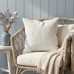 May include: A cream-colored square throw pillow with a speckled design sits on a wicker chair. A matching blanket with fringe is draped over the chair. A vase of dried flowers and cotton stems sits on a small wooden table.