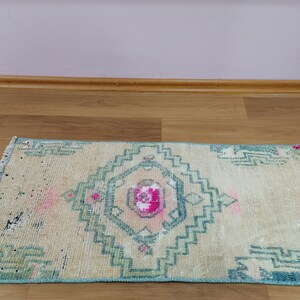 Tappeto turco organico, tappeto vintage esotico, tappeto ad area piatta, tappeto da bagno, tappeto antico, tappeto fatto a mano 1,1 x 2,5 piedi, tappeto Oushak, GR 2304 immagine 3