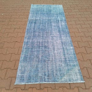 Alfombra hecha a mano, alfombra de pasillo para exteriores, alfombra azul, alfombra costera, tapete de lavandería, alfombra vintage, alfombra teñida, alfombra turca, 3.1 x 7.7 pies GR 3442 imagen 1