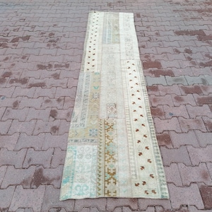 Bathroom Rug, Patchwork Runner, Home Decor Rug, Faded Rug, Nomadic Runner, Low Pile Rug, Vintage Turkish Rug, 2.2 x 9.3 feet, GR 3383