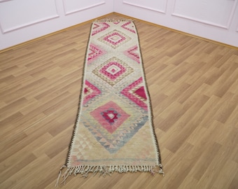 Kilim Rug , Vintage Rug , Turkish Pink Rug , Wool Rug , 2.9 x 11.7 feet , Woven Rug , Hallway Rug , Bohemian Rug , Entry Rug , GR 195