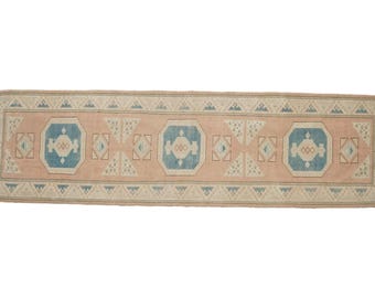 Alfombra rosa y azul, alfombra para pasillo, alfombra étnica, alfombra turca, alfombra para escaleras, alfombra de estilo bohemio, alfombra de entrada, alfombra vintage, alfombra de lana, 2,5 x 8,9 pies, GR 3597