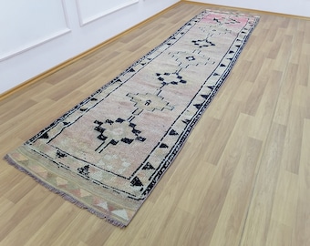 Pink Blue Rug, Oushak Runner Rug, Bohemian Rug, Framed Rug, Stairs Rug, Corridor Rug, Nomadic Rug, Vintage Turkish Rug, 2.8 x 12.4 ft GR2183