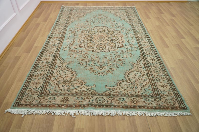 Oriental Oushak Rug, Pink Blue Rug, Bed Side Rug, Ornate Rug, Turkish Rug, Saloon Rug, Vintage Rug, Hand Knotted Rug, 5.9x9.7 Ft, GR 1935