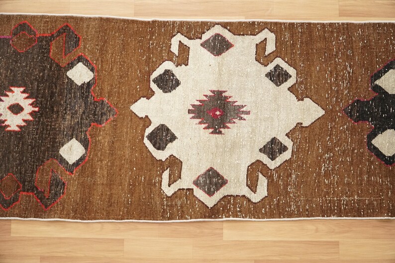 Alfombra para peldaños de escalera, alfombra marrón, alfombra retro, alfombra de estilo rústico, alfombra de cocina, alfombra anudada a mano, alfombra turca vintage, 3,7 x 11,4 pies, alfombra suave, GR 1024 imagen 4